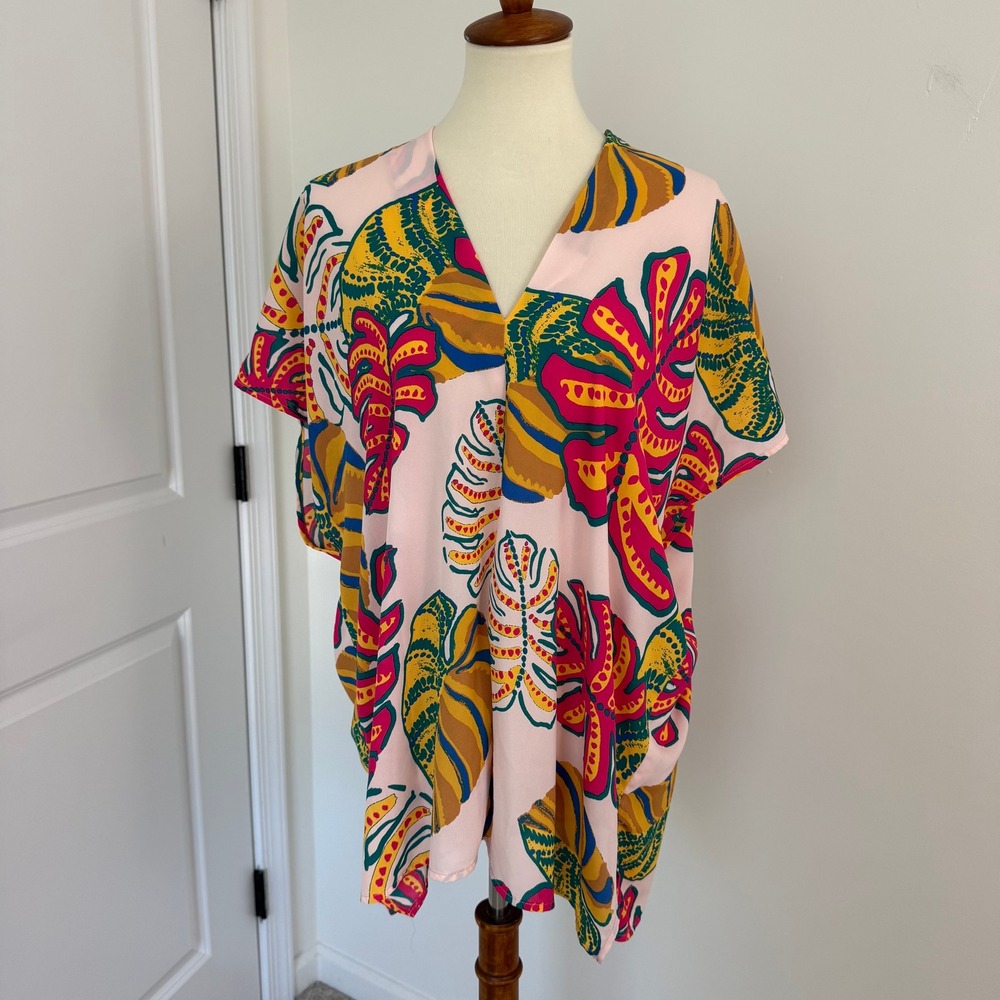Adrienne Womens Pink Tropical Monstera Leaf Print V-Neck Oversized Top Size M